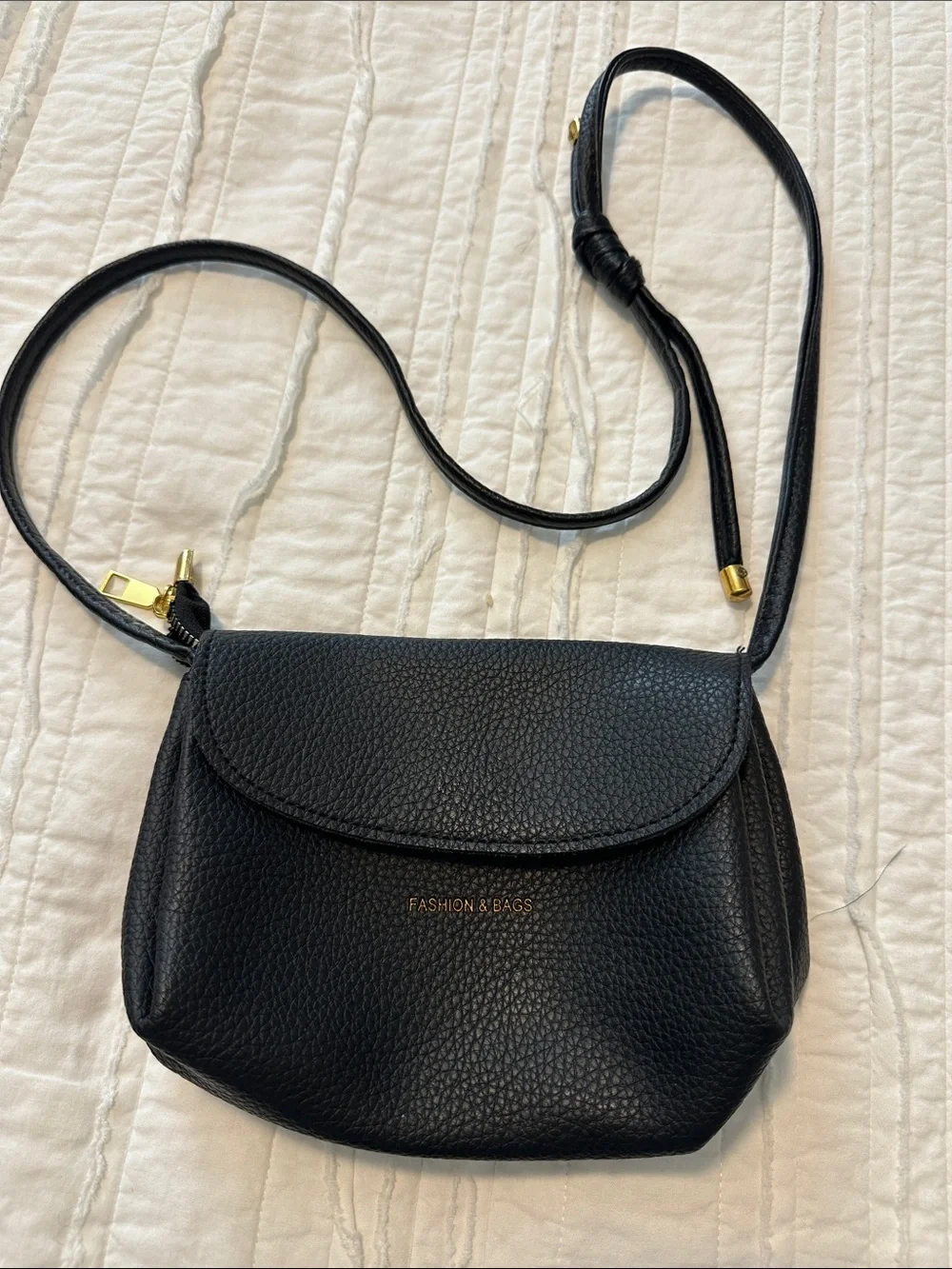 Black Pebbled Crossbody Shoulder Bag with Gold Accent